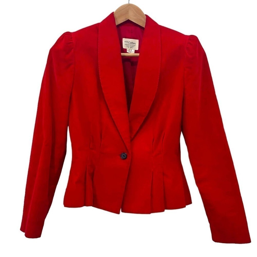 🍀Vintage Red Nylon Lined Cotton Corduroy One Button Single Breasted Blazer Sz 9